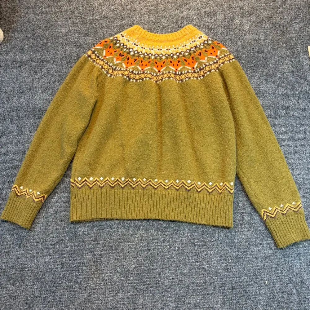 Fair Isle Highland Fox Soft Crewneck Sweater Green Yellow Orange Size Large